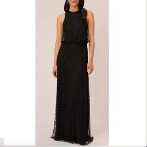Art Deco Beaded Blouson Dress With Halter Neckline In Black